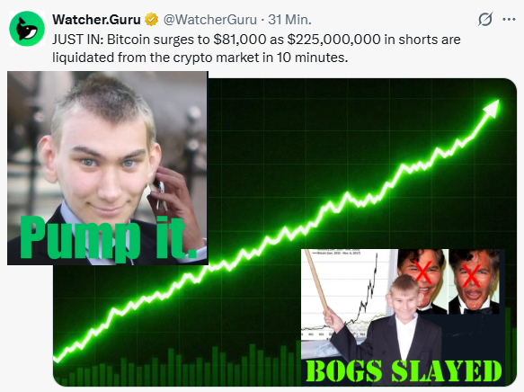 A crypto news tweet from Watcher.Guru announces Bitcoin surging to $81,000 as $225,000,000 in shorts are liquidated in 10 minutes, featuring a 'Pump it' meme with a green upward chart and a 'BOGS SLAYED' image showing two figures with red X marks.