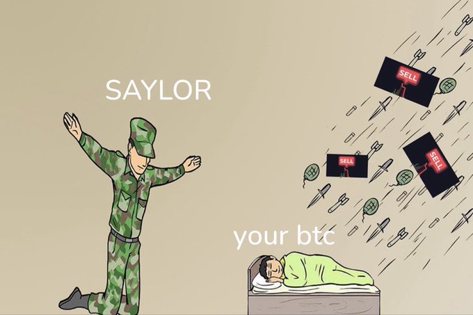 A cartoon illustration showing a soldier labeled 'SAYLOR' standing with arms outstretched, while a figure in bed labeled 'your btc' is bombarded by falling objects marked 'SELL'.