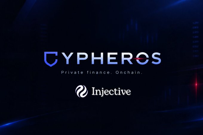 A dark blue promotional graphic displaying the logo "CYPHEROS" with the tagline "Private finance. Onchain." and the "Injective" logo below it, set against a background of faint financial charts.