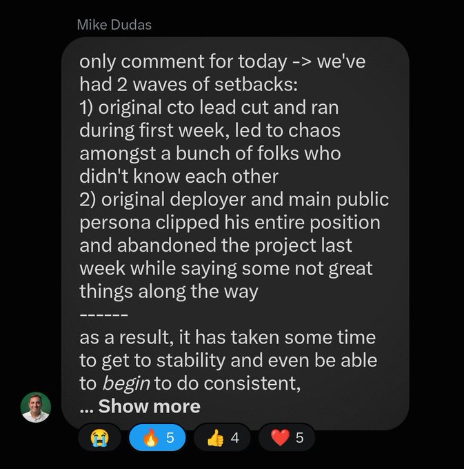 A screenshot of a message from Mike Dudas (@mdudas) in a group chat describing two setbacks that have affected the $TOAD project, including the loss of key team members, while emphasizing that stability is being restored and promising consistent work ahead. The post accompanies this image to highlight Dudas's ongoing commitment to $TOAD, countering speculation that he had left the project.