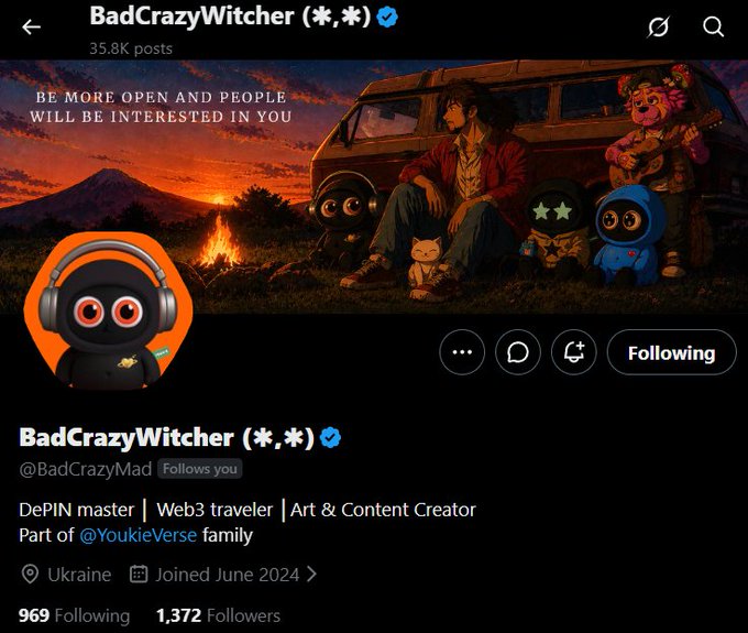 A Twitter/X profile page for 'BadCrazyWitcher (*,*)' (@BadCrazyMad) shows 35.8K posts, 1,372 followers, located in Ukraine, joined June 2024, describing themselves as 'DePIN master | Web3 traveler | Art & Content Creator Part of @YoukieVerse family' with a header banner featuring characters around a campfire.