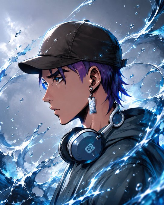 An anime-style digital illustration depicts a young man with purple hair, a black cap, and headphones, surrounded by dynamic splashes of water against a cloudy sky.