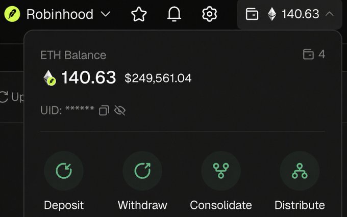 A screenshot of a Robinhood wallet interface displays an ETH balance of 140.63 (valued at $249,561.04) with options for Deposit, Withdraw, Consolidate, and Distribute. The image appears to promote a supposed "$15 SOL giveaway," likely used to solicit wallet addresses from unsuspecting users under the pretense of a crypto reward.