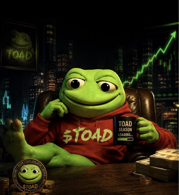 A digital artwork featuring an anthropomorphic Pepe-style frog character wearing a red '$TOAD' hoodie, sitting in a chair holding a mug that reads 'TOAD SEASON LOADING...', with stacks of money on a desk, a 'TOAD' portrait on the wall, and a green rising chart in the background.