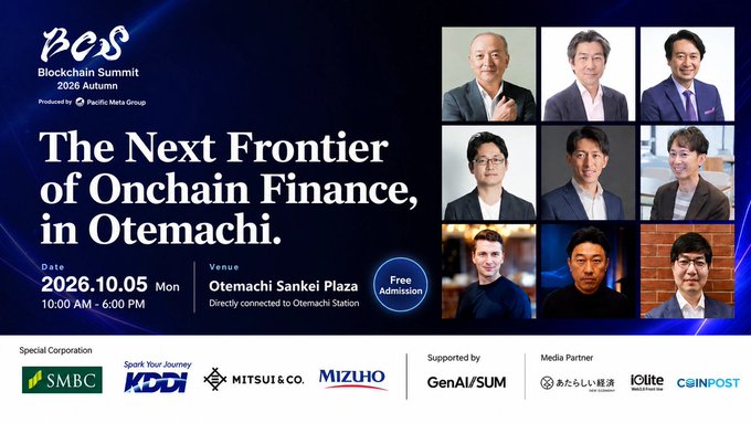 A promotional graphic for "BCS Blockchain Summit 2026 Autumn," scheduled for October 5, 2026 (10:00 AM–6:00 PM) at Otemachi Sankei Plaza, featuring speakers including managing director Juntaro Otani and other finance/tech leaders, with sponsors SMBC, KADOKAWA, Mitsui & Co., Mizuho, GenAI/SUM, あたらしい経済, IOlitE, and CoinPost.