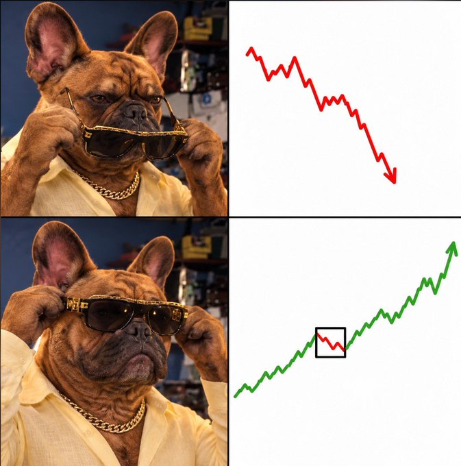 A four-panel meme shows a French bulldog lowering sunglasses in the top row beside a red downward-trending arrow, then wearing the sunglasses in the bottom row beside a green upward-trending arrow with a brief red dip highlighted.