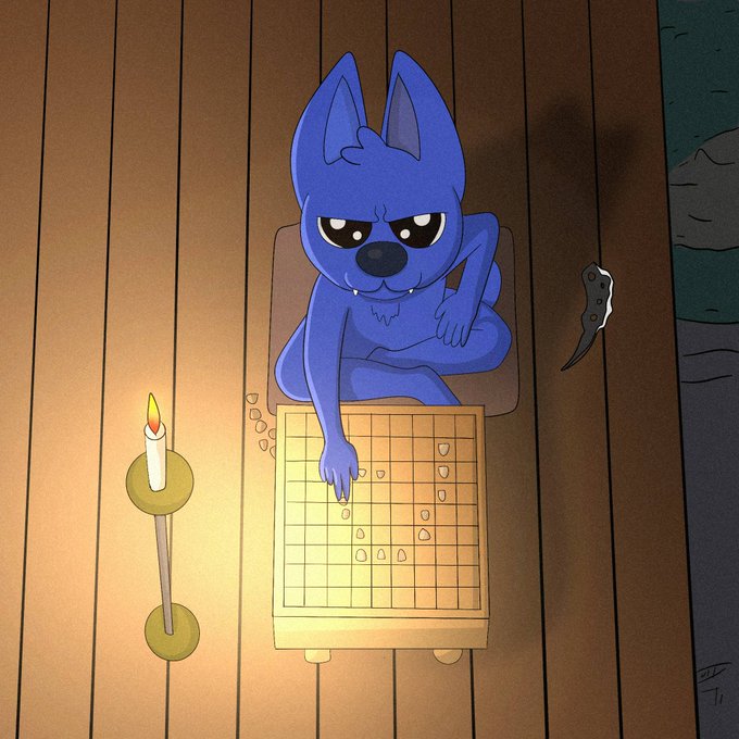 A cartoon illustration of a blue dog with a grumpy expression sitting cross-legged at a wooden Go board, with one hand placing a stone on the grid while a single lit candle provides illumination to the left.