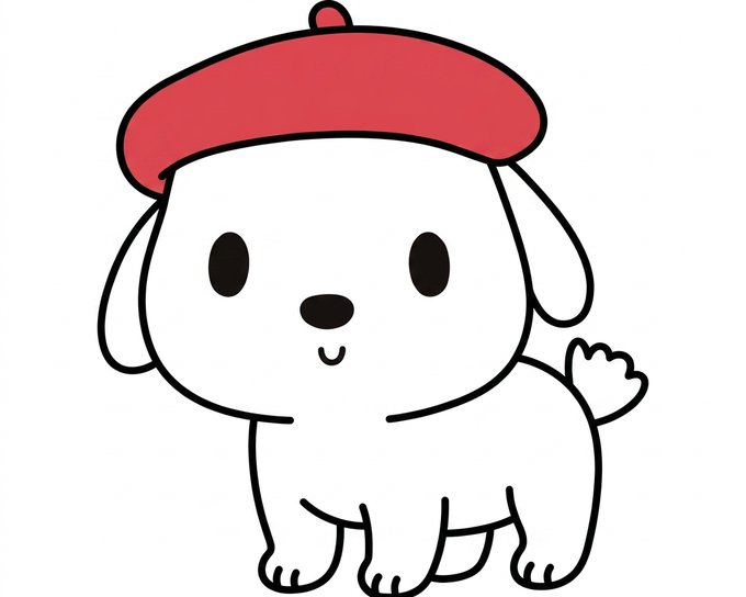 A simple cartoon illustration of a white dog wearing a red beret.