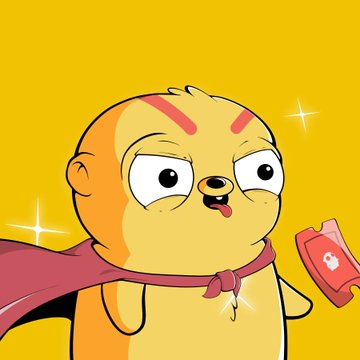 A cartoon illustration of a yellow bear-like character with red stripes, wearing a red cape and holding a juice box on a bright yellow background.