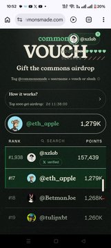 A mobile screenshot of the "commons VOUCH" website showing a leaderboard with @eth_apple at #1 with 1.279K points.