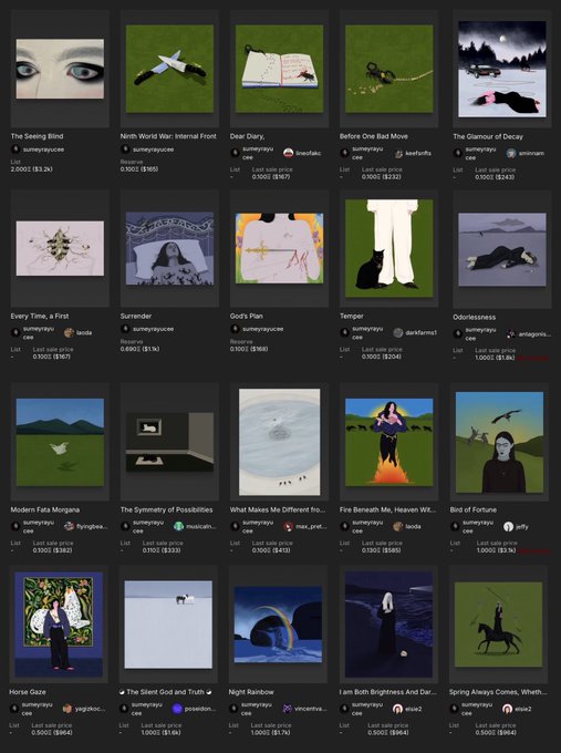 The image displays a grid of 20 digital artworks on what appears to be a SuperRare profile page, with titles like "The Seeing Blind," "North World War: Infernal Front," "Dear Diary," and "Before One Bad Move," each showing price information in ETH. The collection features surreal, minimalist illustrations with recurring themes of solitary figures, animals, and atmospheric scenes, aligning with the artist's post about showcasing available works on their SuperRare profile.