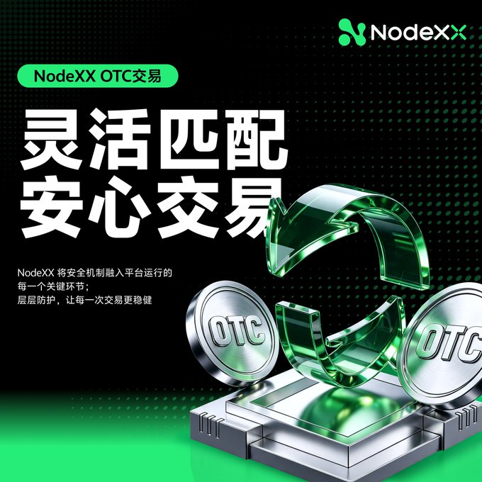 A promotional graphic for NodeXX OTC trading featuring Chinese text '灵活匹配 安心交易' (Flexible matching, secure trading) alongside green 3D arrows and silver coins marked 'OTC'.