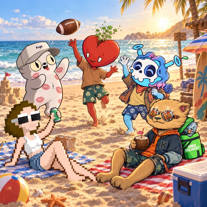 A vibrant cartoon-style illustration shows five quirky characters enjoying a sunny beach day, including a ghost in a 'Fuyz' cap, a tomato-headed figure catching a football, a blue alien, a pixelated lounger, and a cat with sunglasses holding a coconut.