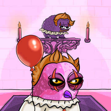 A cartoon scene featuring two purple bird-like NFT characters with orange hair in a pink room, one floating with a red balloon above a larger character in a ruffled collar, fittingly illustrated in a quirky style to promote the 10K Squad NFT collection's upcoming reveal on the 10k Squad Hub.