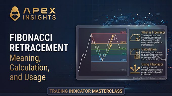 A promotional graphic for 'Apex Insights' Trading Indicator Masterclass titled 'FIBONACCI RETRACEMENT: Meaning, Calculation, and Usage,' showing a chart with Fibonacci levels and a section explaining what Fibonacci is.