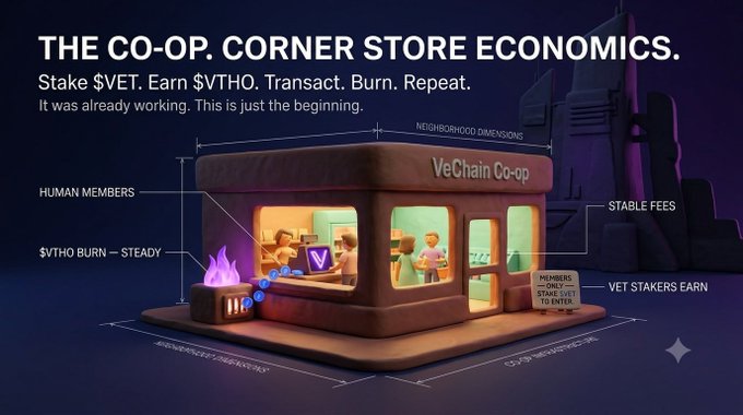 A promotional graphic titled 'THE CO-OP. CORNER STORE ECONOMICS.' explaining VeChain's staking mechanism, with text 'Stake $VET. Earn $VTHO. Transact. Burn. Repeat.' and labels including 'HUMAN MEMBERS', '$VTHO BURN — STEADY', 'STABLE FEES', and 'VET STAKERS EARN'.