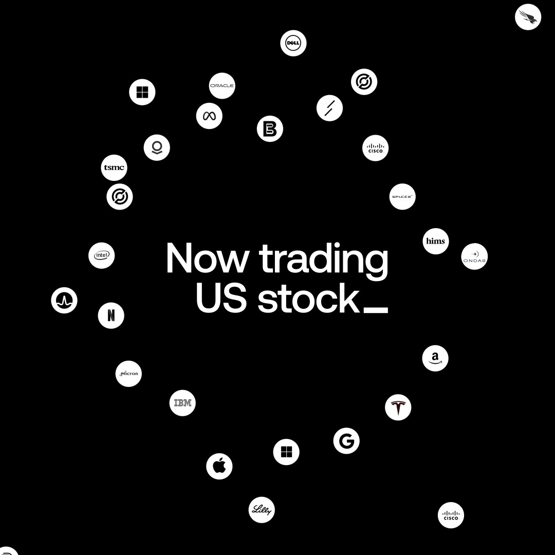 The image displays the logos of various US companies, including Dell, Oracle, IBM, Amazon, and Google, arranged in a circular pattern around the text "Now trading US stock_". This visually represents the availability of tokenized stocks from these companies on the OKX platform, as highlighted in the accompanying post.