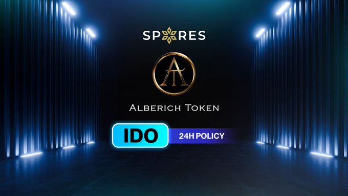 A promotional banner for 'SPORES Alberich Token' IDO with a 24H policy on a dark blue illuminated background.
