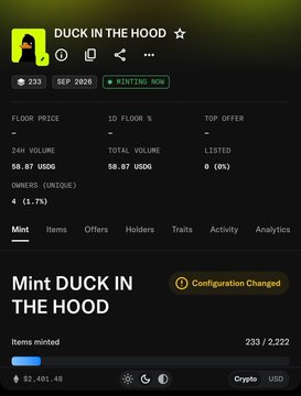 The image displays an NFT mint page for "DUCK IN THE HOOD" showing 233/2,222 items minted at 0.1 ETH, with a floor price of 58.87 USDC. It relates to the post about an active FCFS mint for a collection the user doesn't have whitelist access for, noting the configuration has changed and questioning if the project will be successful.