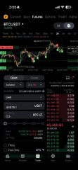 A cryptocurrency trading app screen on a mobile device showing a BTC/USDT trading pair with a candlestick chart and order book, with the price around 90,672.