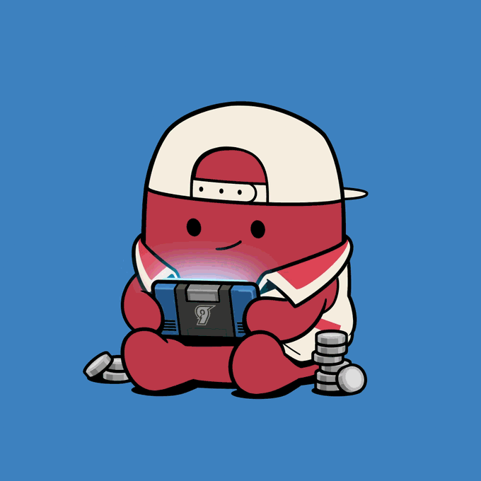 A cute cartoon illustration shows a red character wearing a backwards white cap and collared shirt, sitting while playing a handheld gaming device surrounded by stacks of coins on a blue background.