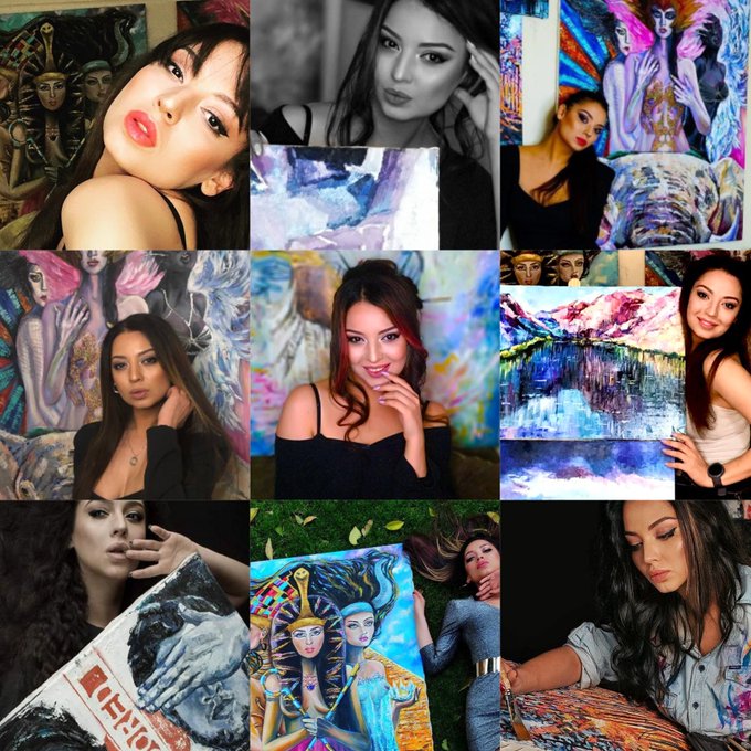 A 3x3 collage featuring a woman posing in various artistic, colorful outfits and settings, interspersed with vibrant abstract paintings and portraits.