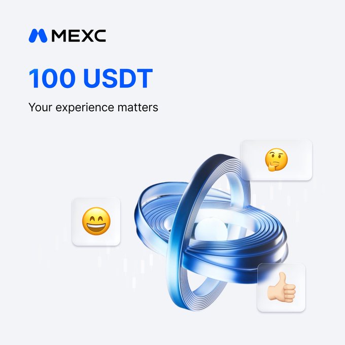 A MEXC promotional graphic offers 100 USDT for user feedback with the tagline "Your experience matters," featuring a glowing blue 3D ring design surrounded by emoji reaction icons (thinking, grinning, and thumbs up). The image ties into the #MEXCVoice campaign by inviting users to share which crypto platform feature they'd bring to MEXC in exchange for the reward.