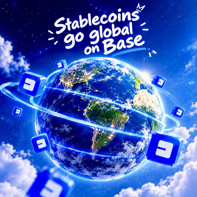 A promotional graphic for Base featuring the Earth surrounded by blue Base logos orbiting it, with clouds and a starry sky, and the text 'Stablecoins go global on Base'.