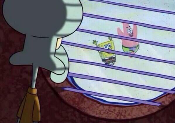 Screenshot from SpongeBob SquarePants showing Squidward looking out a porthole window at SpongeBob and Patrick pressed against the glass.