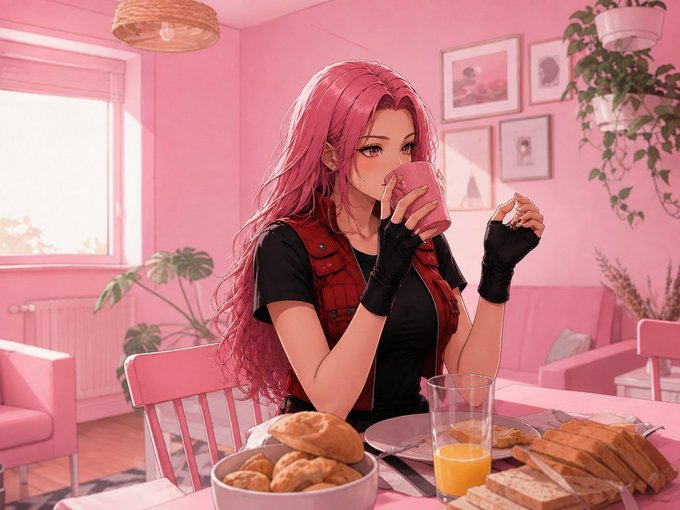 An anime-style illustration of a pink-haired woman in a black shirt and red vest drinking from a pink mug in a pink-themed room with breakfast foods on the table.