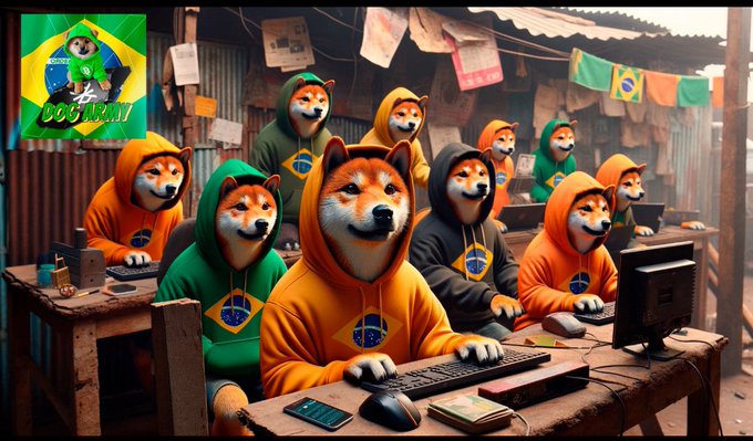 An illustrated scene of figures in dog-themed hoodies working at computers, decorated with Brazilian flag colors and imagery, with a 'DOG BR' logo in the corner.