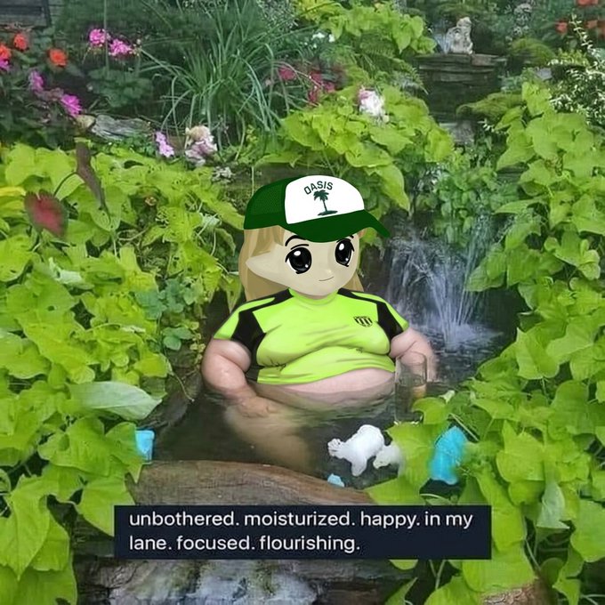 An AI-generated image of a cartoonish woman in a green Oasis cap and shirt relaxing in a garden stream with text reading 'unbothered. moisturized. happy. in my lane. focused. flourishing.'