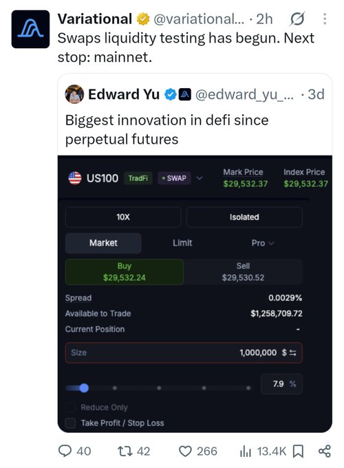 A Twitter/X post by Variational quoting Edward Yu about 'Biggest innovation in defi since perpetual futures,' showing a trading interface for US100 with a Buy/Sell spread of 0.0029%.