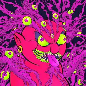 A psychedelic artwork featuring a pink devil-like creature with multiple green eyes and a protruding tongue, surrounded by tentacle-like appendages with eyeballs.