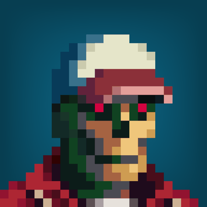 A pixel art portrait of a character wearing a red and white Santa hat against a dark teal background.