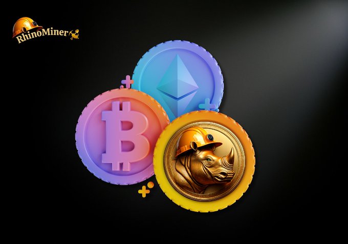 Promotional graphic for RhinoMiner featuring stylized 3D renderings of Bitcoin, Ethereum, and a custom coin with a rhinoceros wearing a miner’s helmet against a dark background.