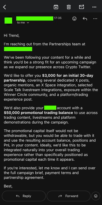 A screenshot of an email from a Partnerships team offering a crypto influencer a '$3,000 for an initial 30-day partnership' and a '$50,000 promotional trading balance'.