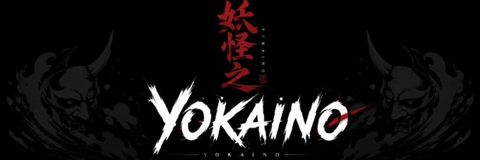 A logo design for 'YOKAINO' featuring stylized Japanese kanji characters and oni (demon) mask silhouettes on a black background.