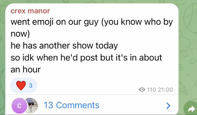 A Discord message from "crex manor" mentions that someone "went emoji on our guy" after he had another show, noting he'd post in about an hour, with the message showing 3 heart reactions, 110 views, and 13 comments at 21:00—suggesting excitement about the poster's upcoming content as he shares a 7x trading win ($10 to $70) on Monad.