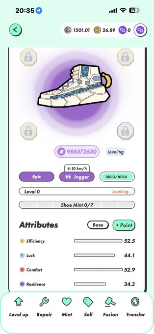 A mobile app screen showing an 'Epic' rarity sneaker NFT at Level 0 with attributes like Efficiency 52.5 and Luck 44.1, with options to Level up, Repair, Mint, Sell, Fusion, and Transfer.