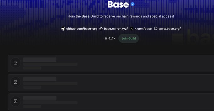 A cropped version of the Base cryptocurrency guild webpage, showing the 'Base' logo, invite links, and '617K' member count.