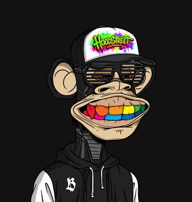 A cartoon illustration of a monkey wearing a 'Hoodstreet' trucker hat, shutter shades, and a black and white hoodie, showing rainbow-colored teeth in a wide smile.
