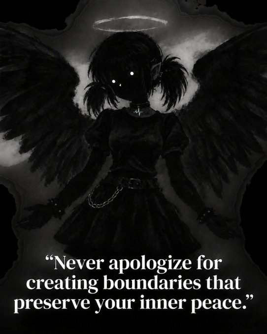 A dark illustration of an anime-style girl with black wings, a halo, and white glowing eyes, featuring the text: "Never apologize for creating boundaries that preserve your inner peace."