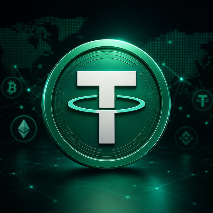 A glowing green Tether (USDT) coin is displayed prominently against a dark background featuring a digital world map and smaller icons of other cryptocurrencies like Bitcoin and Ethereum. The image visually reinforces the post's discussion of USDT's market dominance and its recent supply contraction relative to other major crypto assets.