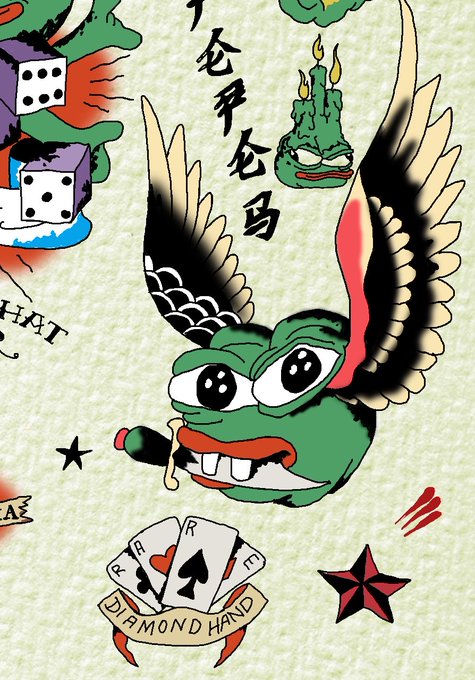 Colorful tattoo-style artwork featuring a green flying creature with wings and Japanese characters, with a 'DIAMOND HAND' banner showing playing cards.