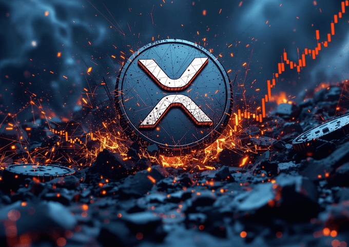The image features a large, metallic coin with an X on top of it, surrounded by sparks flying out from its surface. The background consists of a dark blue color with orange lines scattered throughout, creating a sense of chaos or destruction. The caption at the bottom of the image reads "XRP holders are about to be filthy rich like if you agree". This suggests that the coin and the surrounding elements in the image might symbolize an impending financial explosion for XRP holders due to its rapid growth and increasing value.