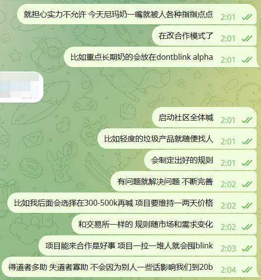 A Chinese-language chat conversation on a green background discussing project cooperation models, community governance, token rules on dontblink alpha, and pricing strategies ranging from 300-500.