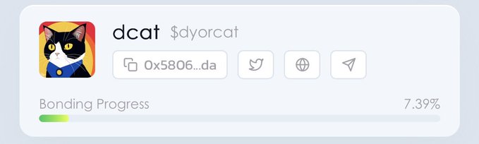 A digital profile card displays the username 'dcat' with the handle '$dyorcat', an Ethereum address, and a 'Bonding Progress' bar at 7.39%.
