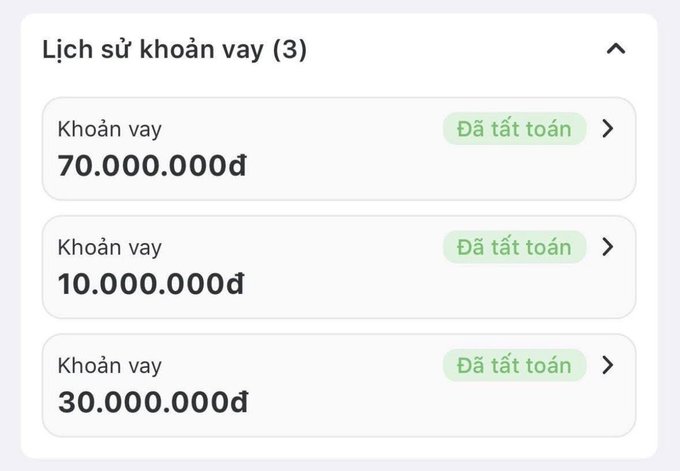 A digital interface titled 'Lịch sử khoản vay (3)' showing three paid loans: '70.000.000đ', '10.000.000đ', and '30.000.000đ', each marked 'Đã tất toán'.