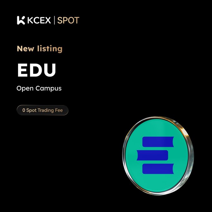 A KCEX SPOT exchange announcement on a black background reading 'New listing EDU Open Campus' featuring a teal coin with a blue 'E' logo and a '0 Spot Trading Fee' badge.